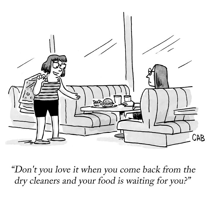 Cartoon showing a woman excited about food waiting for her after dry cleaners visit