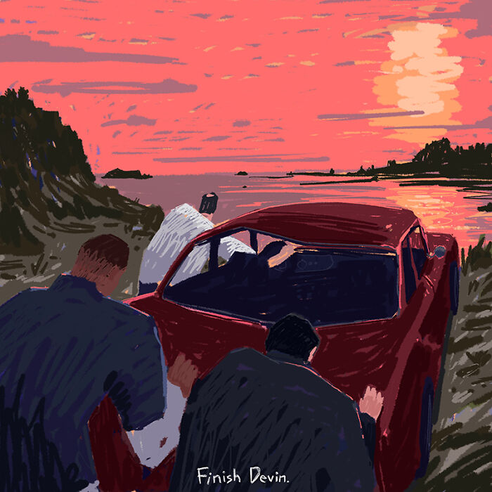 Nostalgic painting of men near a red car by water at sunset, part of the golden era paintings.