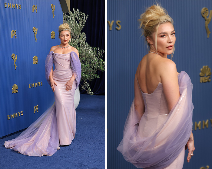Florence Pugh at the 2026 Emmys, wearing a light pink and lavender off-the-shoulder gown, one of the worst dressed stars.