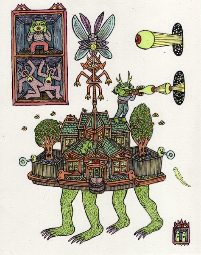 Theo Ellsworth imaginative creature house on green legs with winged figure and giant eyes