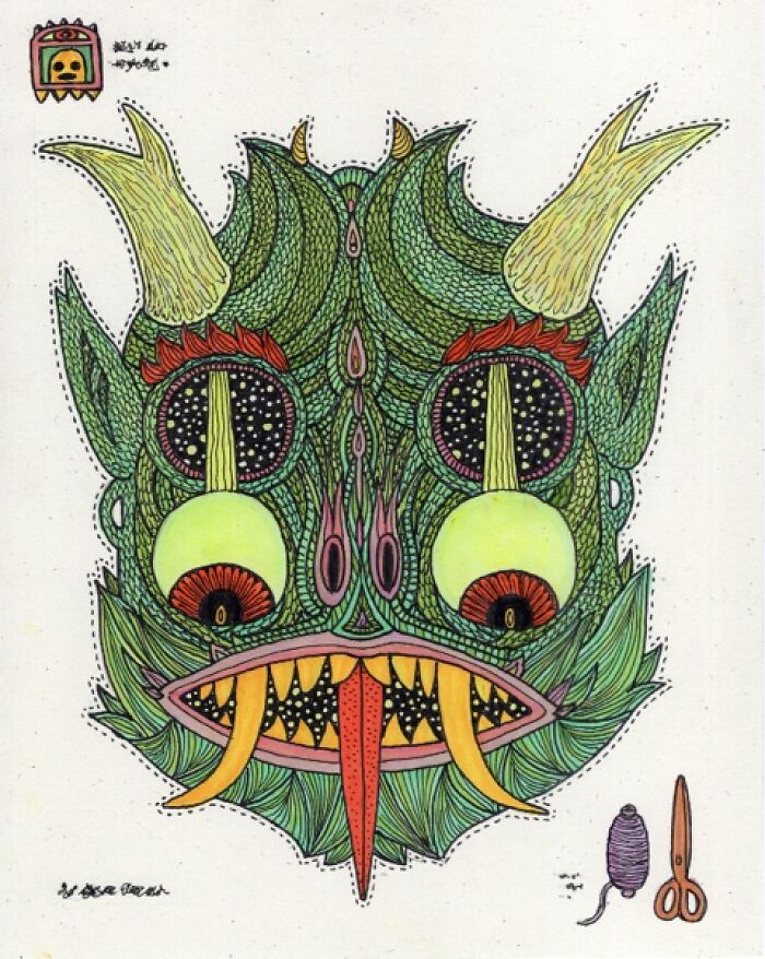 Theo Ellsworth detailed green and red monstrous mask with horns and large glowing eyes