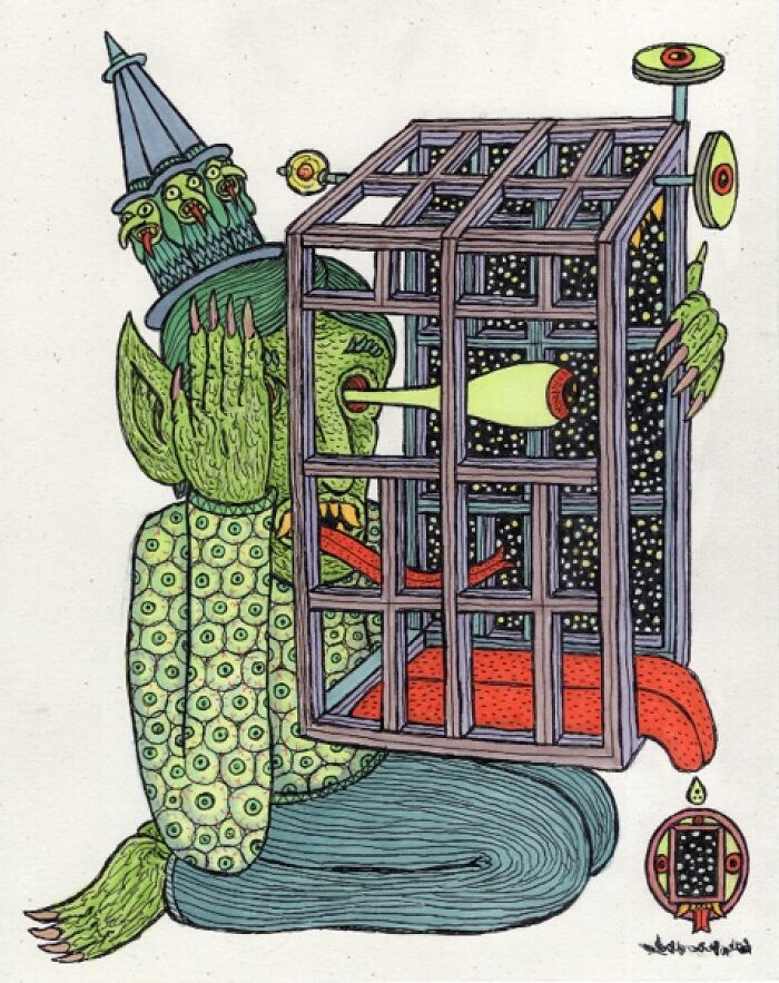 Theo Ellsworth green three-eyed creature holding a large transparent box with a red tongue inside