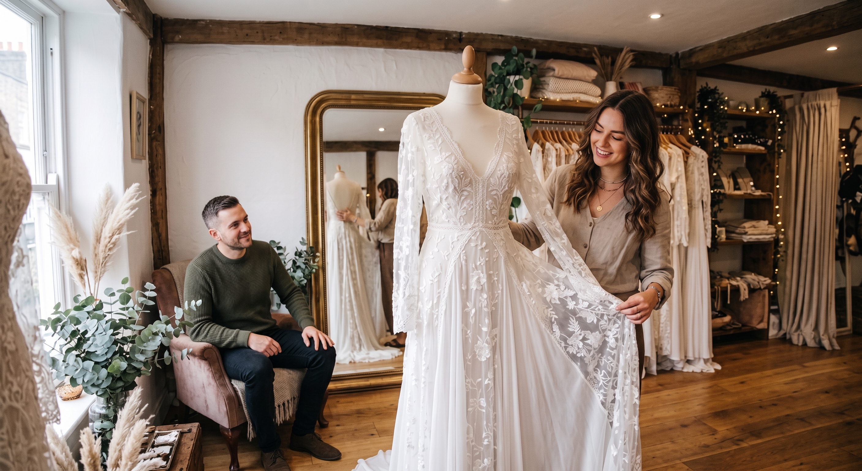 A happy bride-to-be looks at her wedding dress while the groom sits patiently. A happy bride-to-be looks at her wedding dress while the groom sits patiently.