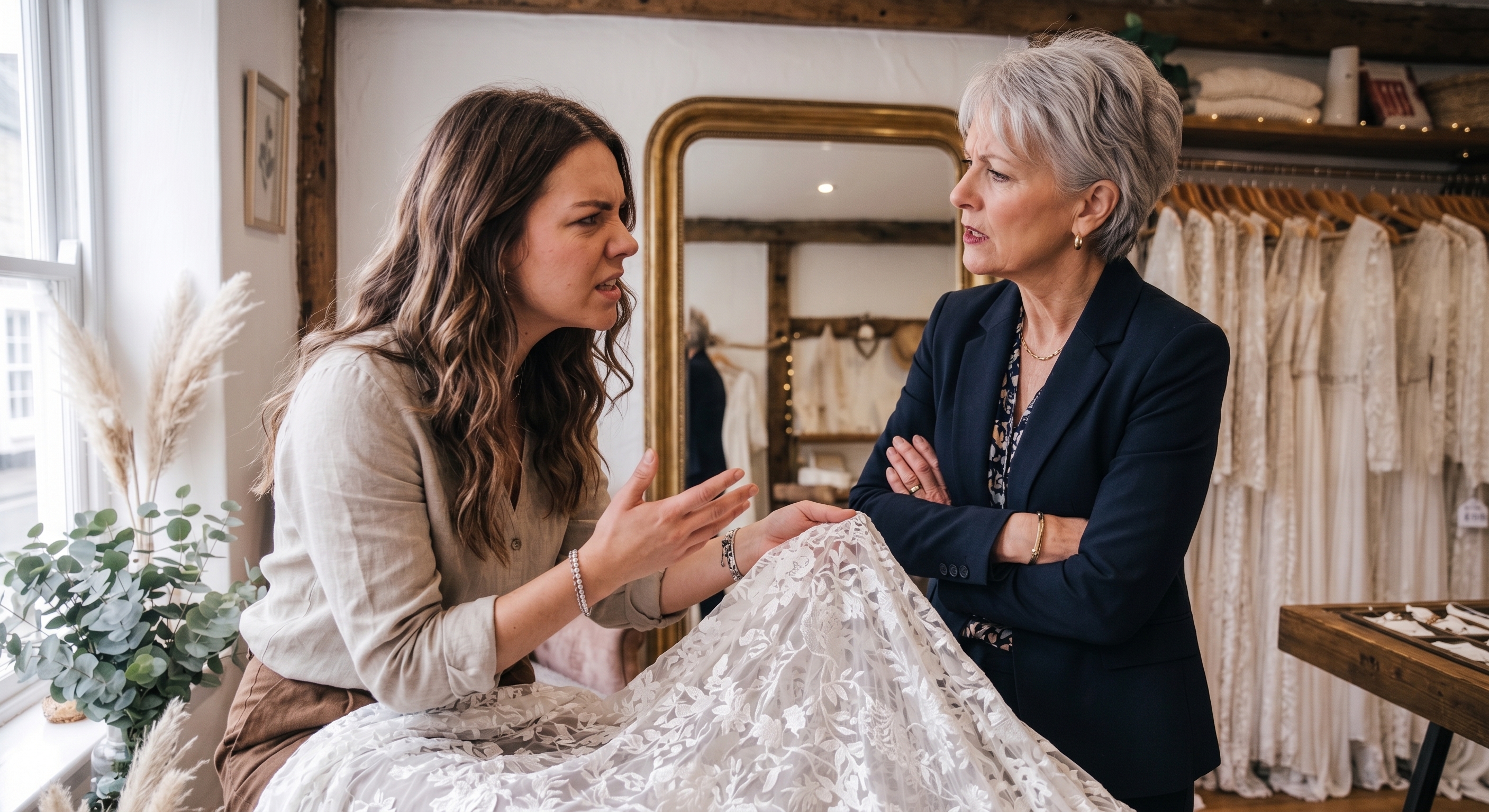 A frustrated bride-to-be and MIL arguing about a wedding dress in a boutique. A frustrated bride-to-be and MIL arguing about a wedding dress in a boutique.