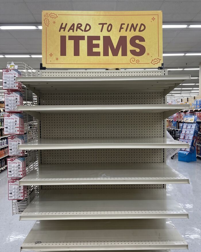 Empty store shelves labeled hard to find items meme