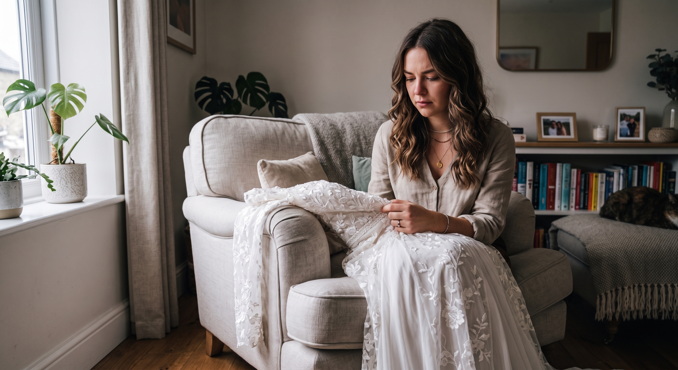 A sad bride, wearing a wedding dress, sits on a couch, reflecting on her wedding dress dilemma. A sad bride, wearing a wedding dress, sits on a couch, reflecting on her wedding dress dilemma.