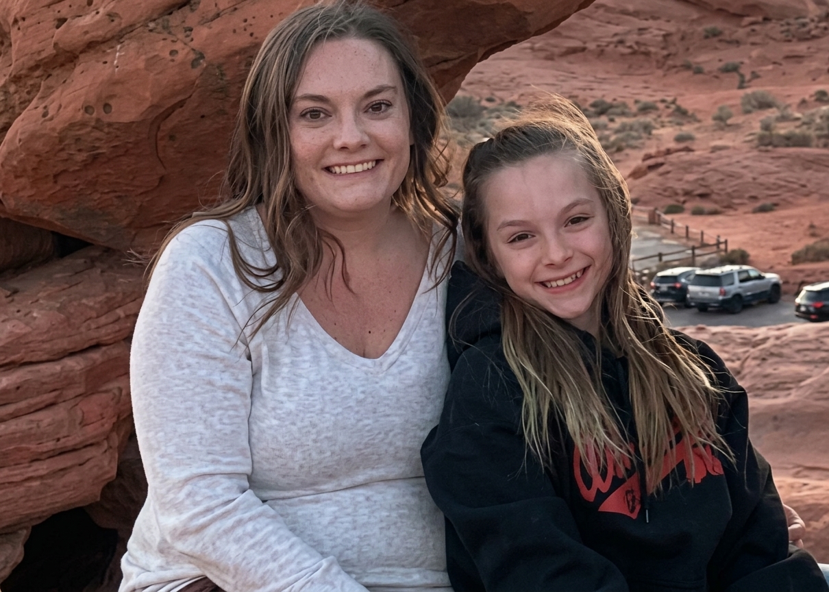 Mom and daughter smiling outdoors, related to the Las Vegas hotel tragedy. Mom and daughter smiling outdoors, related to the Las Vegas hotel tragedy.