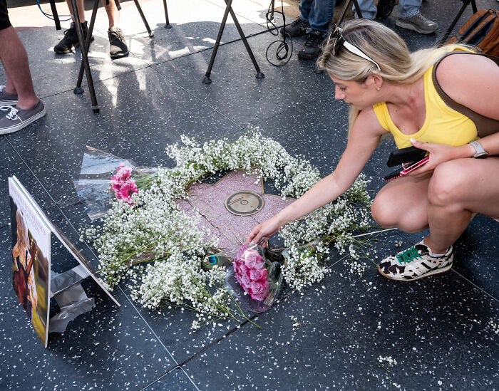 A fan placing flowers on Dolly Parton's star, showing respect and mourning after her passing. A fan placing flowers on Dolly Parton's star, showing respect and mourning after her passing.