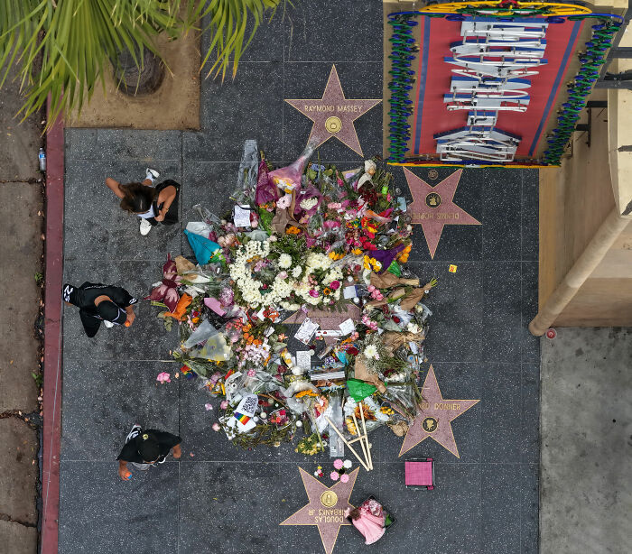 An aerial view of the Hollywood Walk of Fame with a pile of flowers and tributes, possibly where someone disrespected Dolly Parton. An aerial view of the Hollywood Walk of Fame with a pile of flowers and tributes, possibly where someone disrespected Dolly Parton.