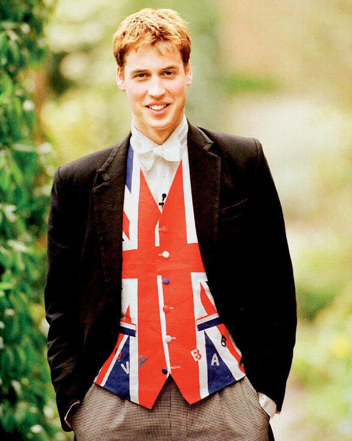 Prince William in a Union Jack vest during his Eton College years, drawing comparisons to Prince George's portrait. Prince William in a Union Jack vest during his Eton College years, drawing comparisons to Prince George's portrait.