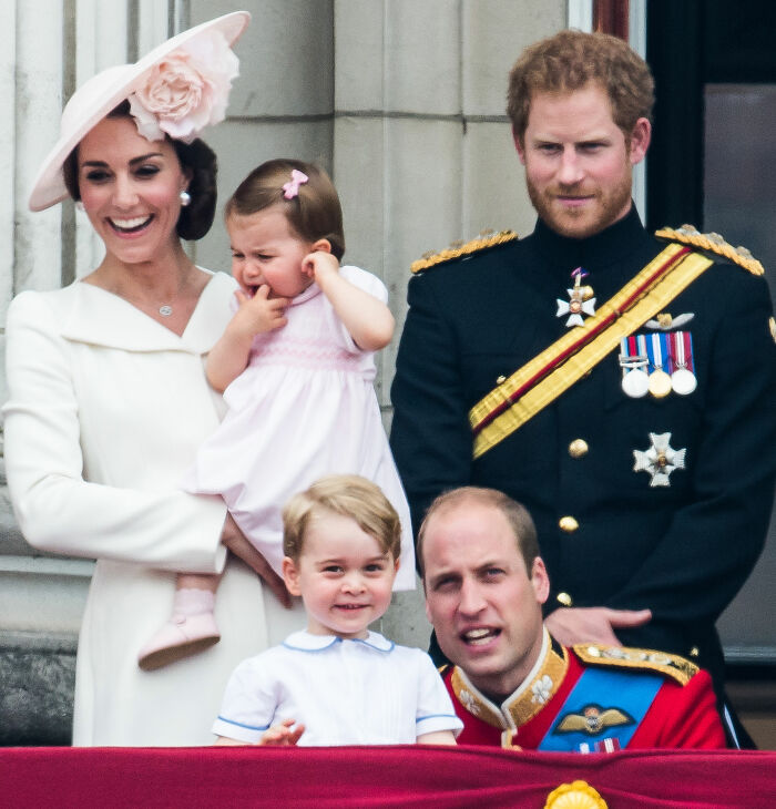 Prince George, Princess Charlotte, Prince William, Kate Middleton, and Prince Harry at a royal event. Prince George, Princess Charlotte, Prince William, Kate Middleton, and Prince Harry at a royal event.