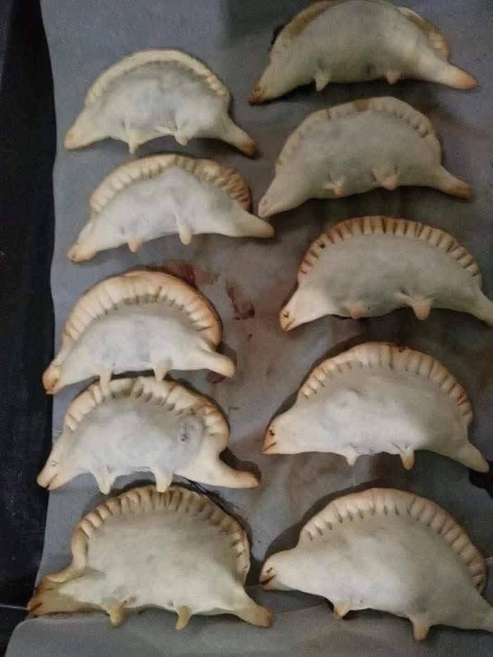 A tray of uncooked empanadas shaped like armadillos, an unhinged image.