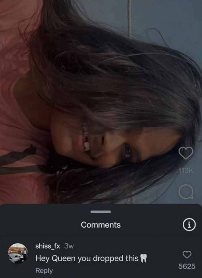 A social media post with a humorous comment reply about a dropped tooth, a perfect reply spotted in comments.