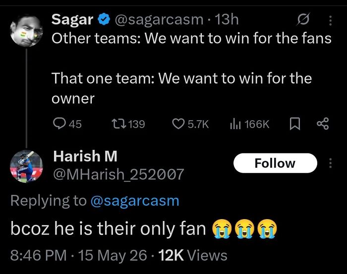 A screenshot of a Twitter conversation with a perfect reply to a post about sports team motivations.