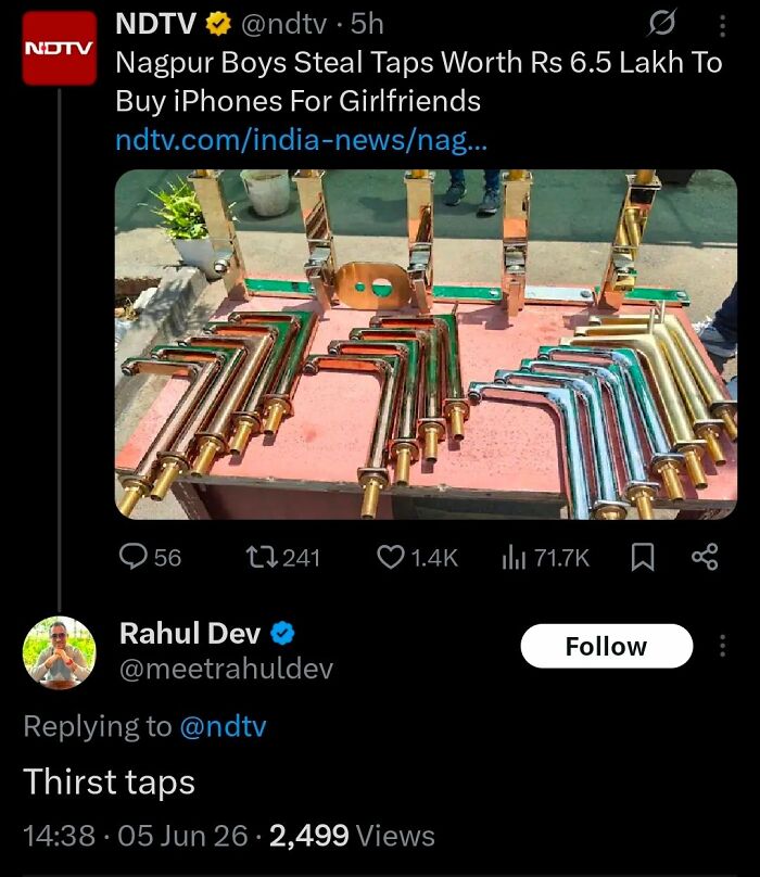 A screenshot of a Twitter post about boys stealing taps to buy iPhones, followed by a perfect reply.
