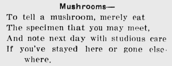 Vintage newspaper clipping poem about identifying mushrooms