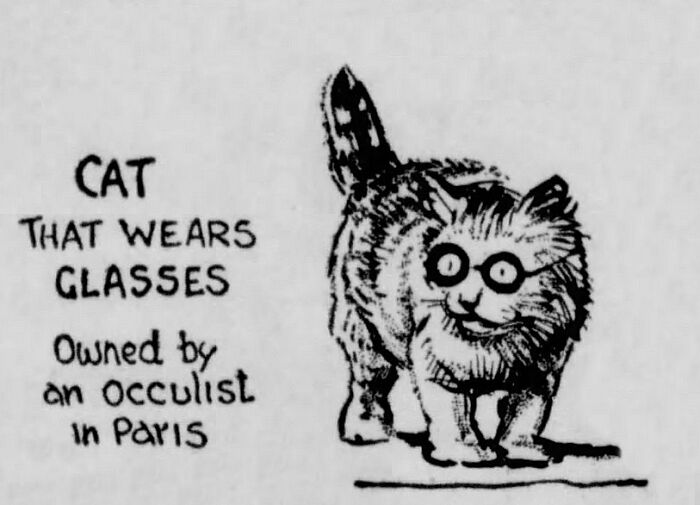 Old newspaper cartoon of a cat wearing glasses owned by an occultist