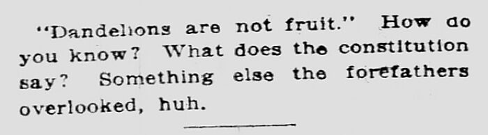 Historical newspaper text debating if dandelions are fruit and referencing the constitution