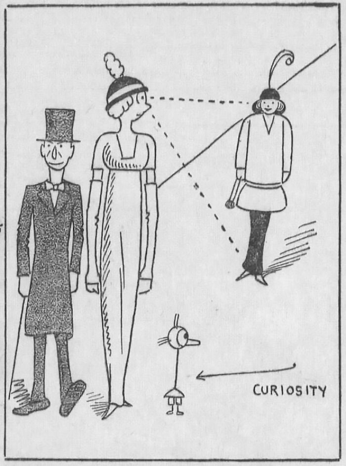 Vintage cartoon showing people and a labeled curiosity figure