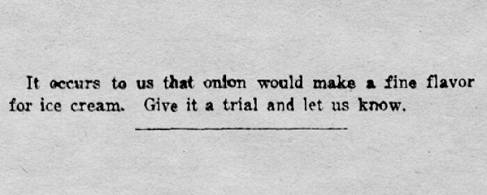Old newspaper clipping suggesting onion as a flavor for ice cream