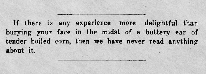Newspaper text praising the experience of eating tender boiled corn with a buttery ear