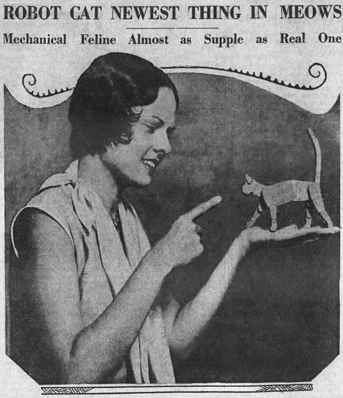 Vintage newspaper clipping of a woman with a robot cat, vintage mechanical feline news