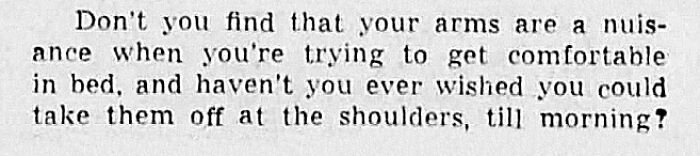 Vintage newspaper text about arms being a nuisance when getting comfortable in bed