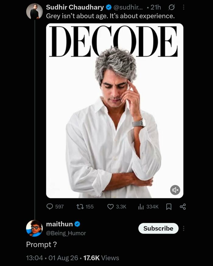 A social media screenshot displays a man with grey hair on a magazine cover with the word DECODE, sparking funny comments.