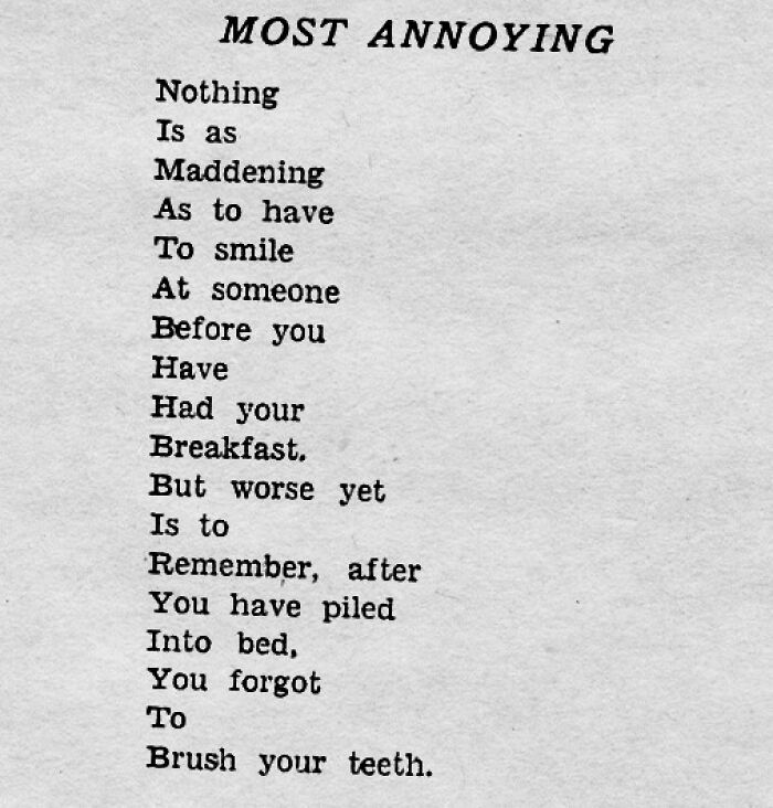 Vintage poem titled Most Annoying about forgetting to brush teeth after breakfast