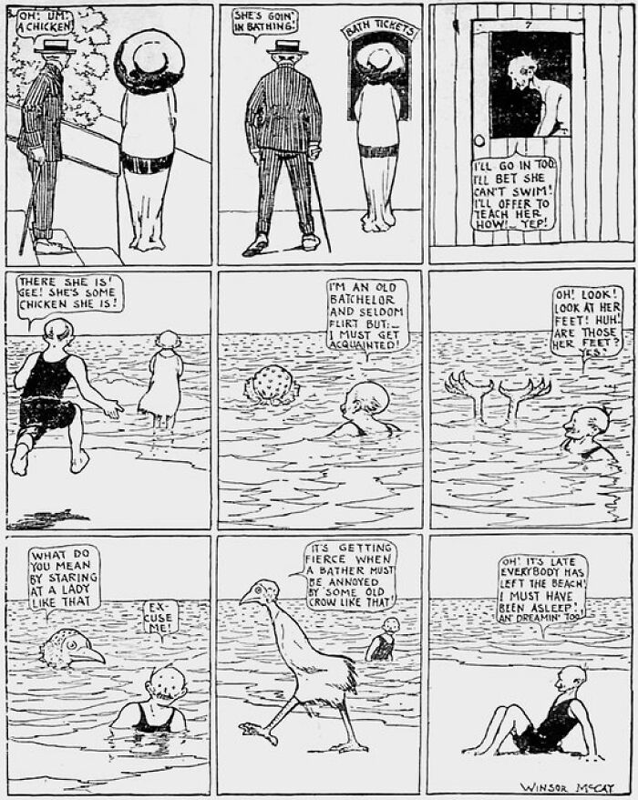 Comic strip showing humorous bathing scene by Winsor McCay