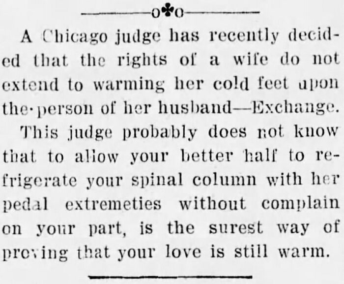 Vintage newspaper clipping about Chicago judge ruling on a wife's rights and cold feet