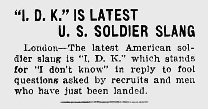 Historic newspaper excerpt explaining US soldier slang IDK meaning