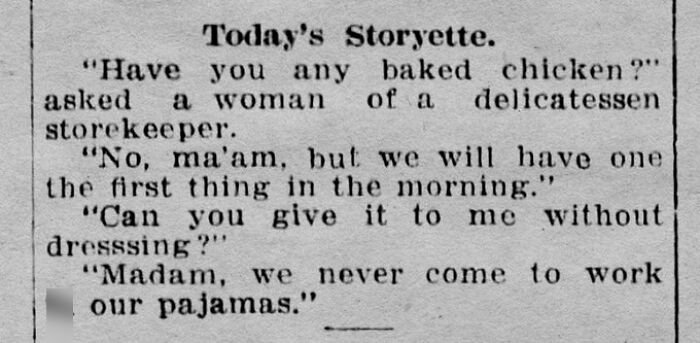 Humorous newspaper storyette about deli worker refusing to come to work in pajamas
