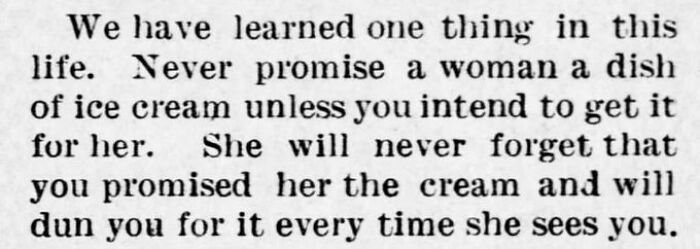 Vintage newspaper clipping advising never to promise ice cream unless you mean it