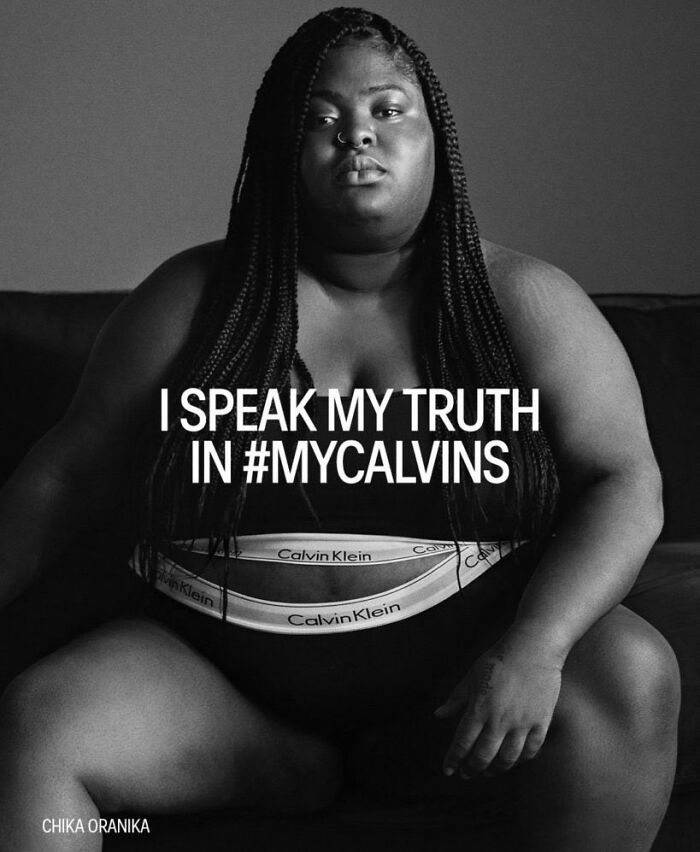A plus-size model in a Calvin Klein ad, featuring the phrase I SPEAK MY TRUTH IN #MYCALVINS, related to woke ads. A plus-size model in a Calvin Klein ad, featuring the phrase I SPEAK MY TRUTH IN #MYCALVINS, related to woke ads.