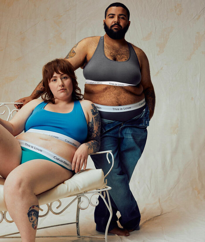 Calvin Klein ad featuring two plus-sized models in underwear, a viral comparison to past ads. Calvin Klein ad featuring two plus-sized models in underwear, a viral comparison to past ads.