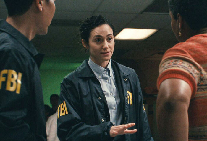 Hollywood actress in an FBI jacket, discussing serious allegations after her new show becomes a hit. Hollywood actress in an FBI jacket, discussing serious allegations after her new show becomes a hit.