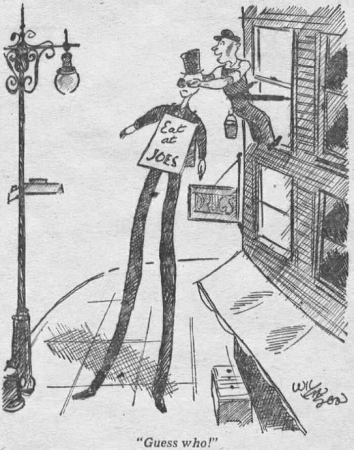 Cartoon advertising Eat at Joes with vintage newspaper illustration