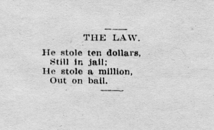 Old newspaper text titled The Law about stealing ten dollars versus a million