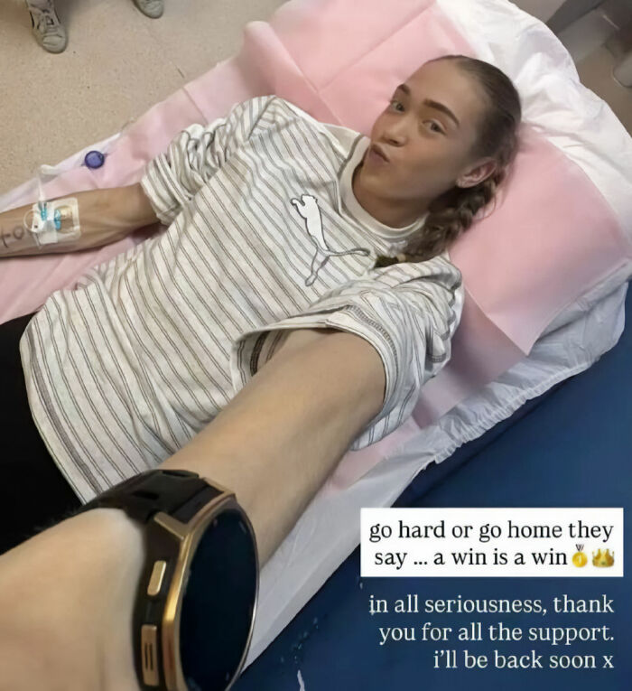 HYROX athlete lying on a bed with an IV, sharing a post-race message of thanks and resilience.