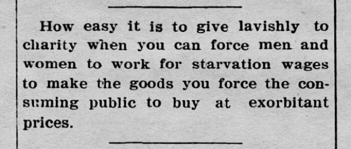Old newspaper excerpt criticizing low wages and high prices on goods