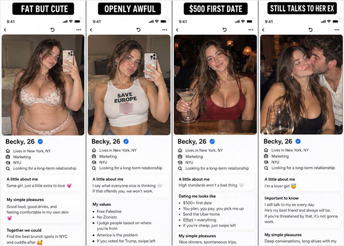 Four different dating profiles for Becky, showing varied appearances and descriptions from the Becky experiment. Four different dating profiles for Becky, showing varied appearances and descriptions from the Becky experiment.