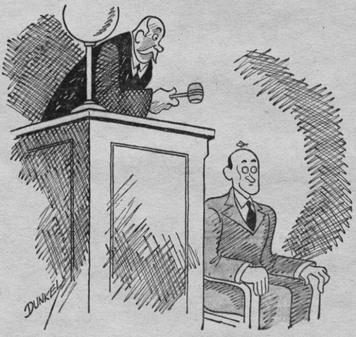 Vintage cartoon showing auctioneer with gavel and seated man
