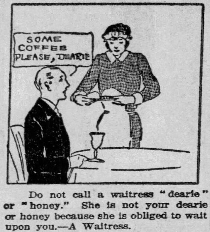 Vintage cartoon instructing not to call waitresses dearie or honey