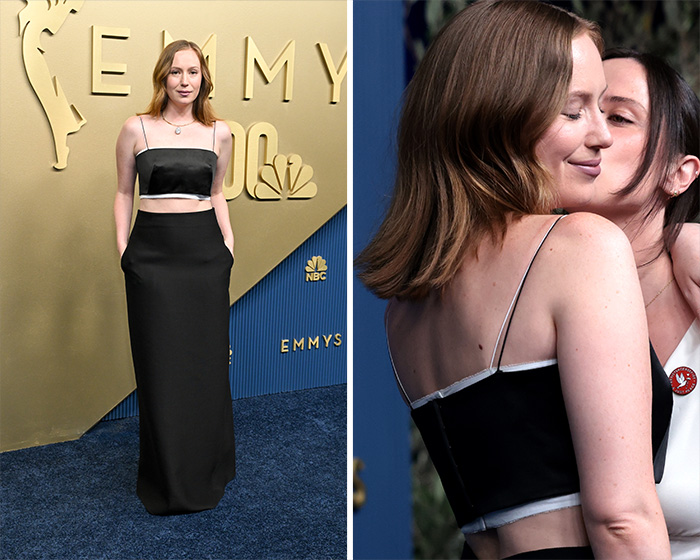 Woman in a black and white crop top and matching skirt, among the worst dressed stars at the 2026 Emmys.