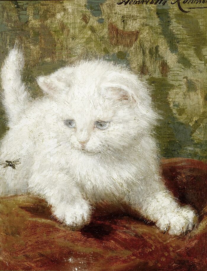 A detailed 19th-century cat painting of a fluffy white kitten with blue eyes, intently focused on a fly.