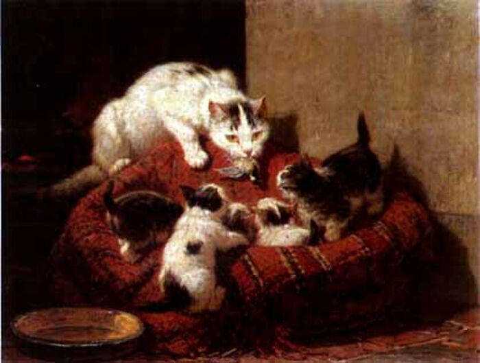 A heartwarming 19th-century cat painting illustrating a mother cat and her kittens gathered around a nest on a red blanket.
