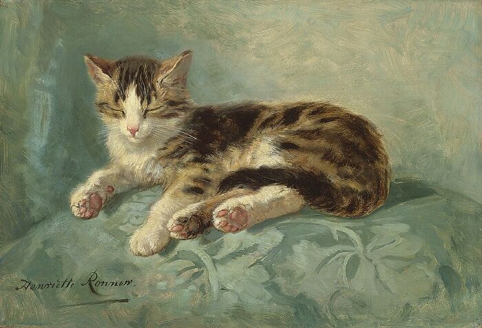 A serene 19th-century cat painting showing a tabby kitten peacefully sleeping on a green patterned cushion.