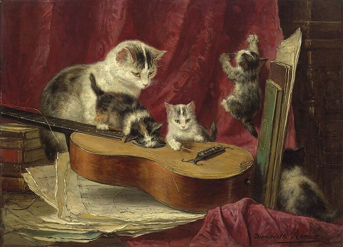 19th Century cat paintings: Kittens playing around a guitar with sheet music, a mother cat watching.