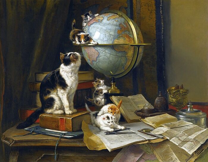 An old cat painting of a calico cat watching kittens explore a globe and a desk of books and maps.